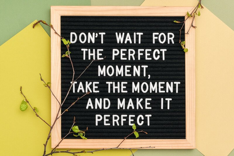 Don't wait for the perfect moment, take the moment and make it perfect. Motivational quote on letter board frame and spring tree branches with young leaves on green background